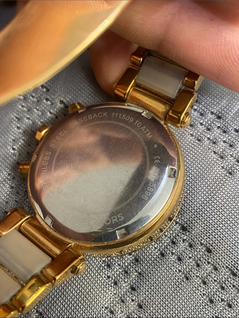 Michael Kors Gold Tone Watch with Pearl White Links and Pink Dial